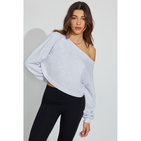 Garage Womens Light Grey Off Shoulder Boxy Cropped Terry Sweatshirt Small - Picture 1 of 6